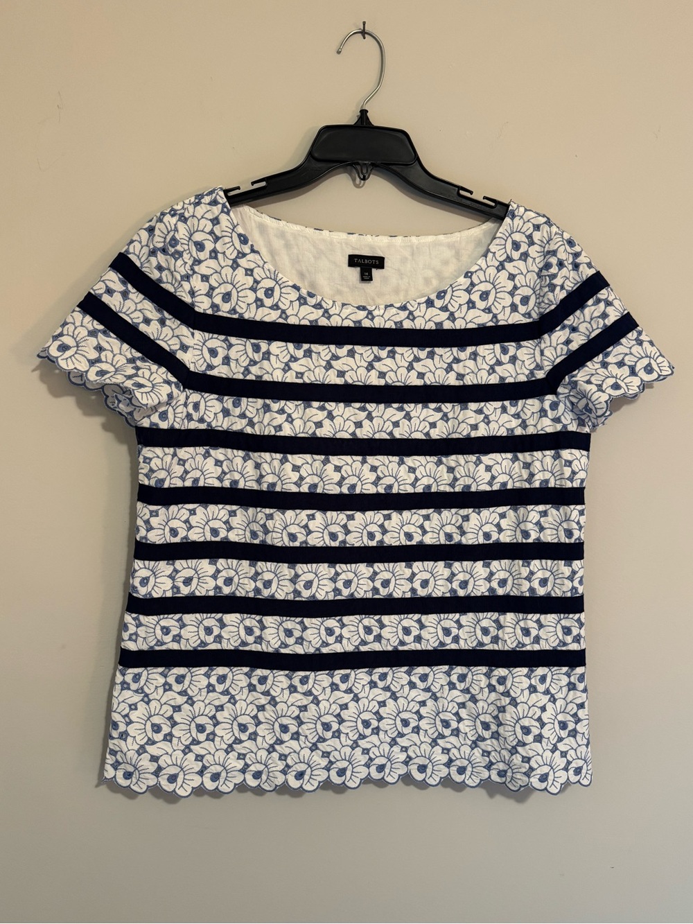 Talbots Navy & White Floral Eyelet Stripe Tee